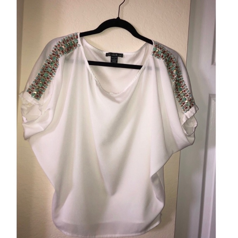 White blouse with turquoise applications S